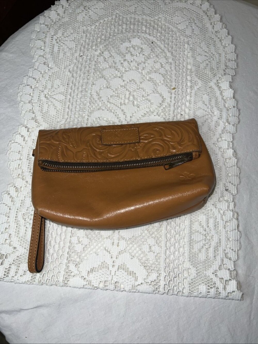 PATRICIA NASH VALERIE COGNAC Burnished Tooled FLORAL LEATHER Foldover WRISTLET